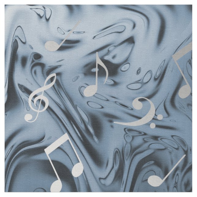 Tecido elegantes notas musicais prateadas em azul (Detalhe)