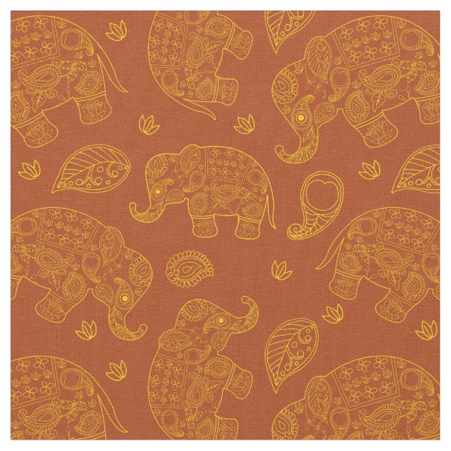 Tecido Elephant Paisley Patterno em Dourado e castanho (Detalhe)