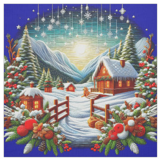 Tecido Embroidered Look Outdoor Winter Christmas Scene