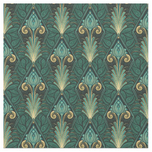 Tecido Emerald Green Art Deco Lotus sobre pano de fundo