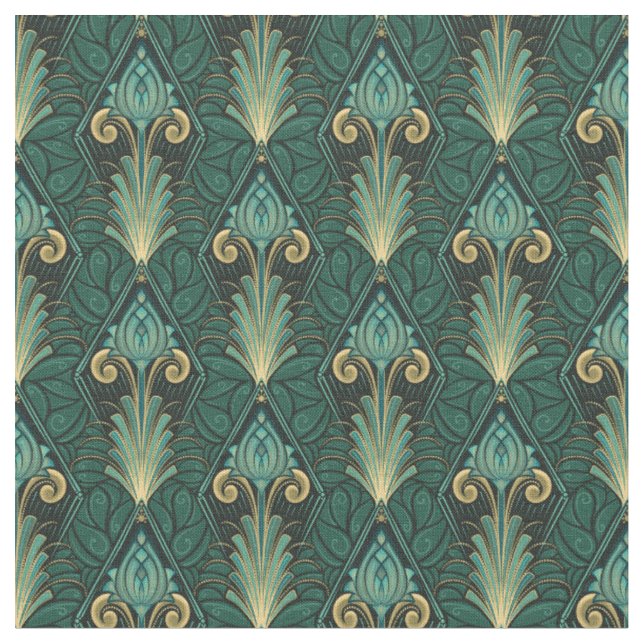 Tecido Emerald Green Art Deco Lotus sobre pano de fundo (Detalhe)