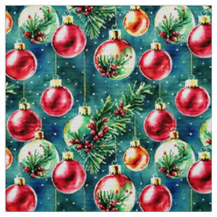 Tecido Enfeites de natal de aquarelas, vermelhos e verdes