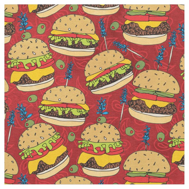 Tecido Engraçado Cheeseburger no padrão de Comida vermelh (Detalhe)