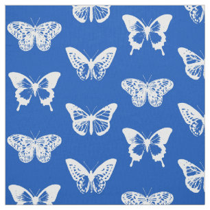 Tecido Esboço da borboleta, azul de cobalto e branco