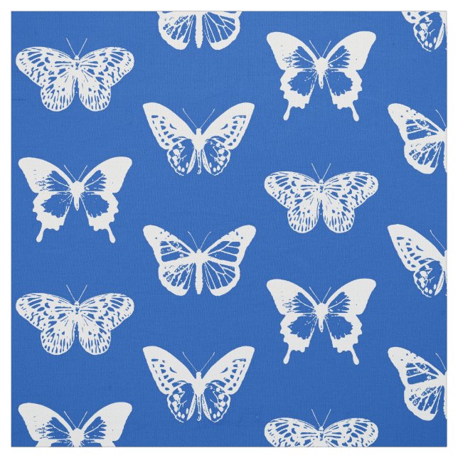 Tecido Esboço da borboleta, azul de cobalto e branco (Modelo)