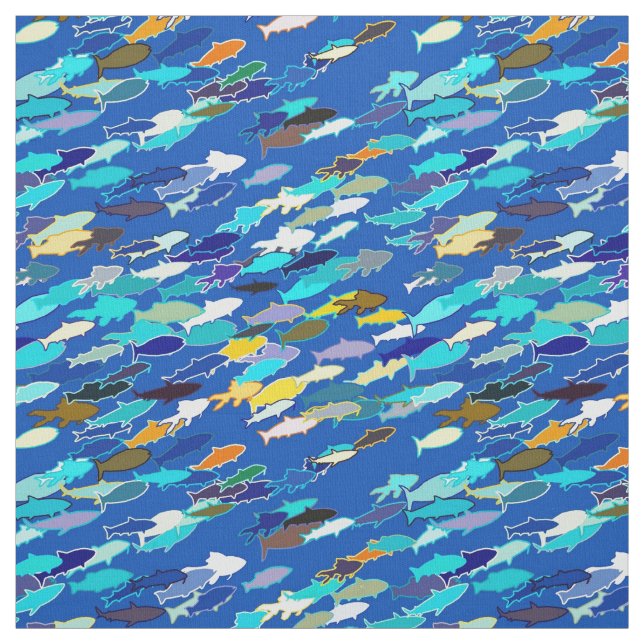 Tecido Escola de Peixes, Azul Escuro, Branco e Turquesa (Modelo)