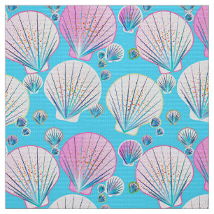 Tecido Escudos do mar cor-de-rosa e branco na turquesa
