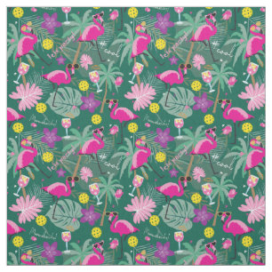 Tecido Esferas tropicais com flamingos, verdes