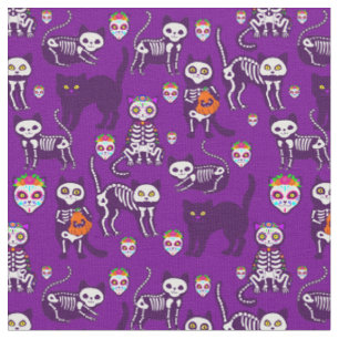 Tecido esqueleto de gato de halloween roxo
