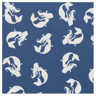 Tecido estampado de sereia azul marinho e Branco