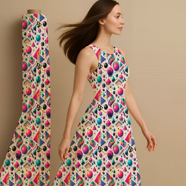 Tecido Estampado Geométrico Neon Ousado Retro Memp (Retro 90s Memphis Geometric Neon Bold Fabric Print)