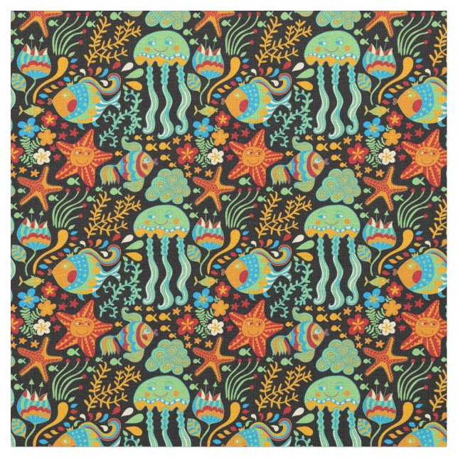 Tecido Estilo de Cartoon de Vida Aquática (Detalhe)