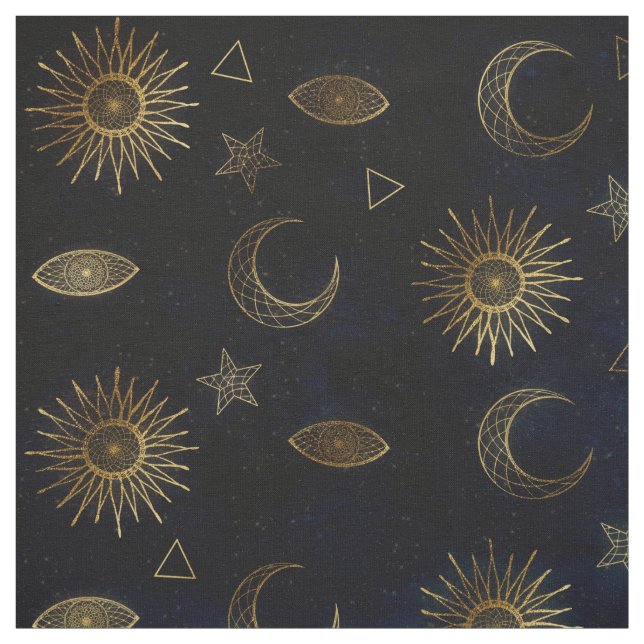 Tecido Estrelas Douradas da Lua Solar Celestial Azul (Modelo)