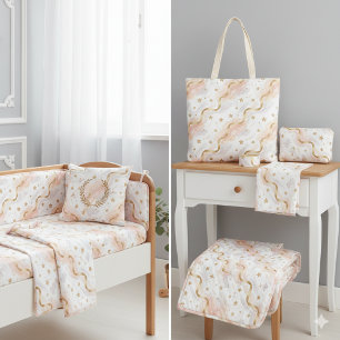 Tecido Estrelas Elegantes Douradas e Rosa Água-Marinha