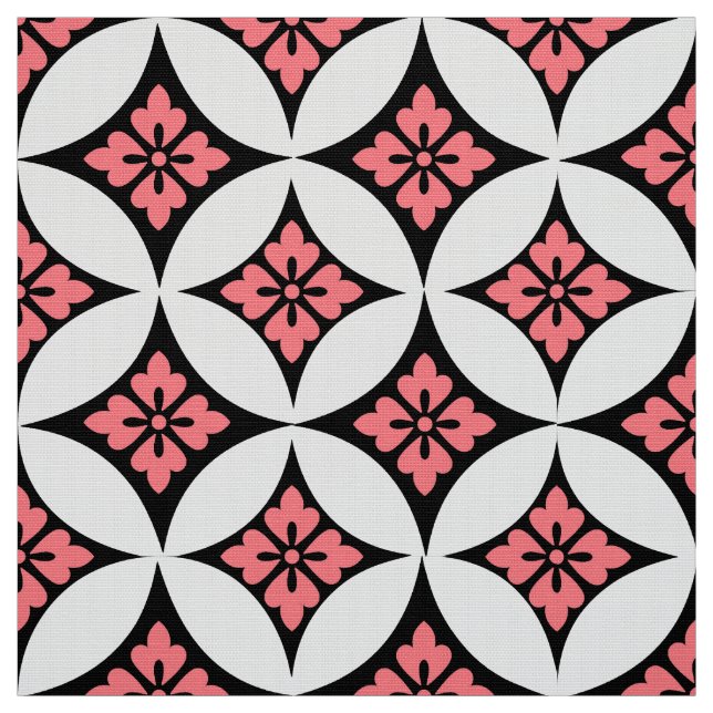 Tecido Expedição com Motif Flor, Preto, Branco e Rosa (Modelo)
