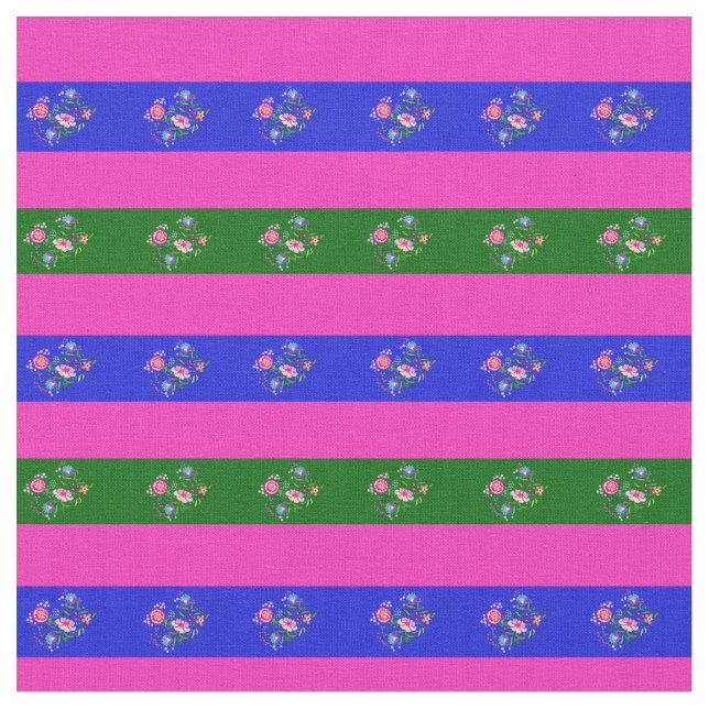Tecido Faixa de flores rosa, verde-ilha, azul (Detalhe)