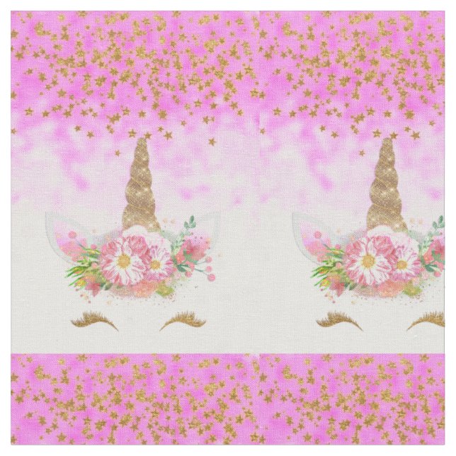 Tecido Fantasia Rosa e Estrelas Ouros Unicórnio (Detalhe)