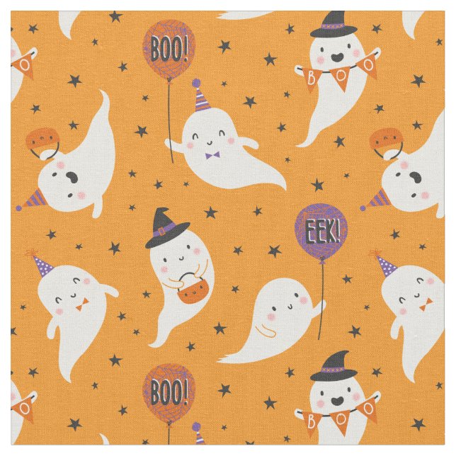 Tecido Fantasmas bonitos do Halloween com balões em laran (Detalhe)