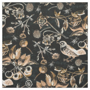Tecido Faux Dourado Birds Beetles Flowers Frutas de Cerej