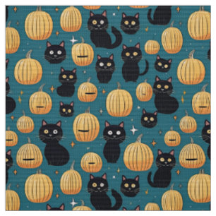 Tecido Felinos pretos e abóboras de halloween