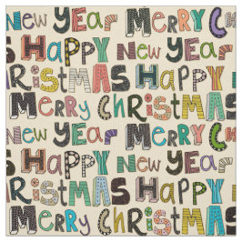 Tecido feliz ano novo de natal creme merry