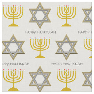 Tecido FELIZ HANUKKAH   Estrela de Davi   Candelabro