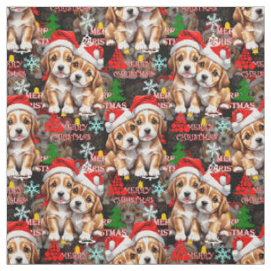 Tecido Feliz Natal Chapéu do Papai Noel Cachorro Design -