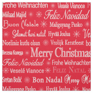 Tecido Feliz Natal, diferentes idiomas, modelo vermelho