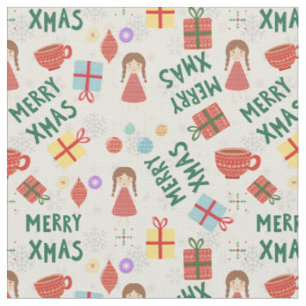 Tecido Feliz Natal - Padrão verde-vermelho-feminino para