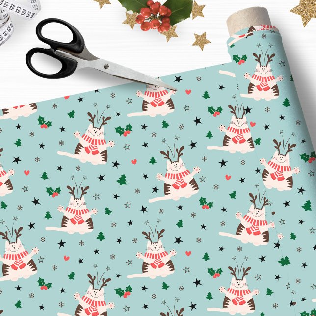 Tecido Felizes gatos de Natal - Natal (A beautiful Christmas fabric with cute, happy cats with antlers, stars and winter berries.)