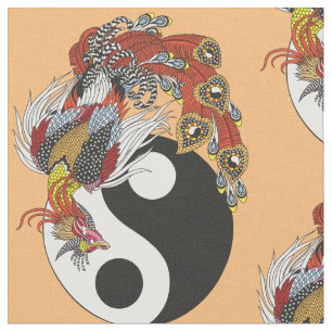 Tecido Fênix chinesa ou Feng Huang com símbolo yin yang