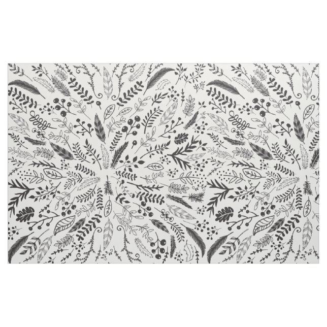 Tecido Ferns, Penas, Berries e Twigs, de preto e branco (Fat Quarter)