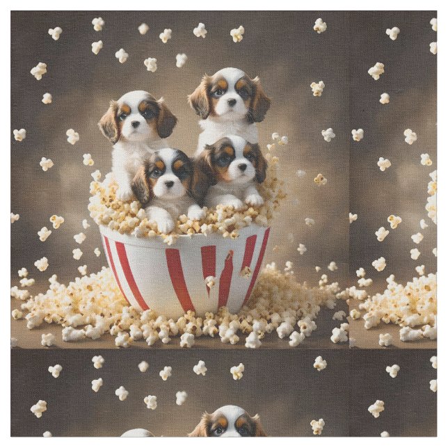 Tecido Filhotes de Cavalier Spaniel com Pipoca, (Detalhe)