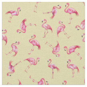 Tecido Flamingos de Aquarela Espalhados em Amarelo Claro