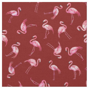 Tecido Flamingos de Aquarela Espalhados em Vermelho Escur