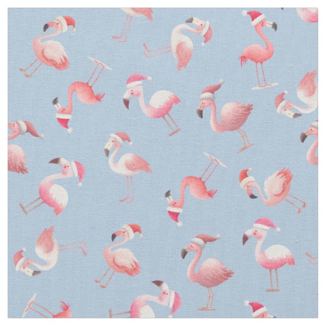Tecido Flamingos de Natal Espalhados em Azul Claro (Detalhe)
