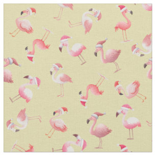 Tecido Flamingos de Natal Espalhados sobre Amarelo Claro