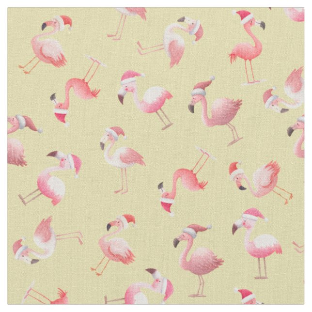 Tecido Flamingos de Natal Espalhados sobre Amarelo Claro (Detalhe)