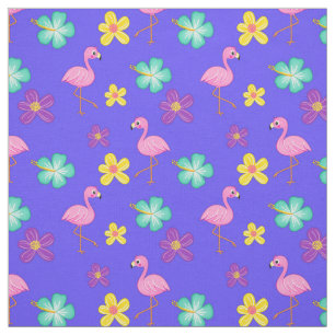 Tecido Flamingos e flores cor-de-rosa, azuis