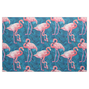 Tecido Flamingos em folhas de bananas azuis