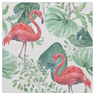 Tecido Flamingos rosa à aguarela e folhas.