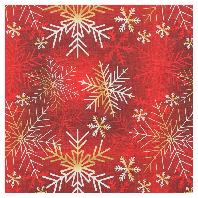 Tecido Flocos de neve brancos e Dourados no fundo vermelh (Detalhe)