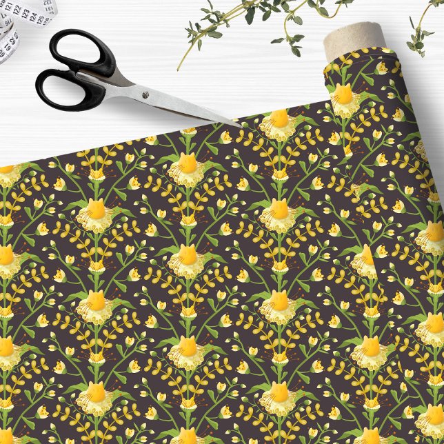 Tecido Flor de Gato e Flores (Cats and flowers floral pattern.)