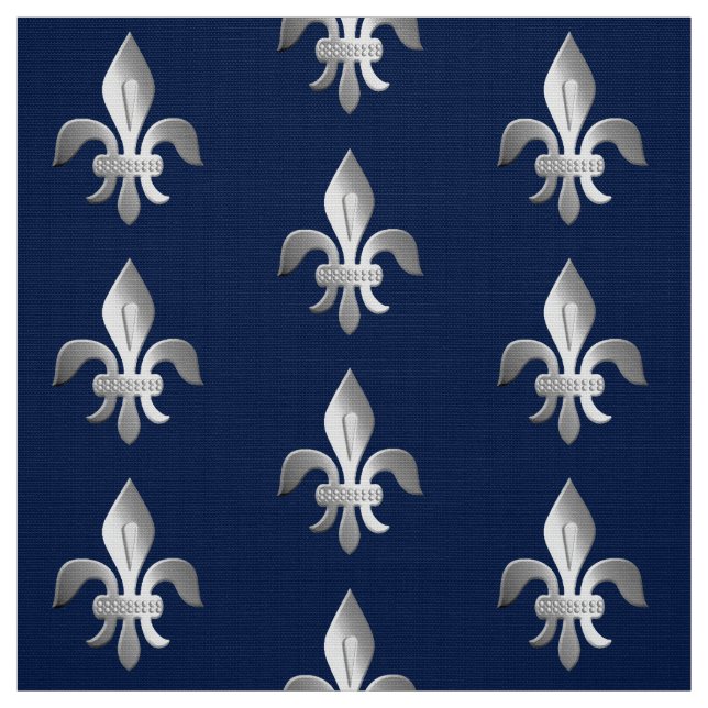 Tecido Flor de lis de prata no azul de índigo (Modelo)