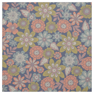 Tecido Flor Floresce & Desabrocha em Coral, Azul & Verde