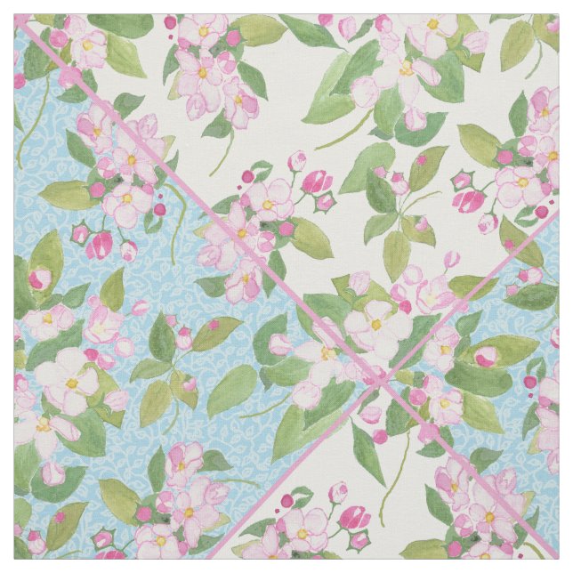 Tecido Flor Rosa no Patch Azul e Branco (Modelo)