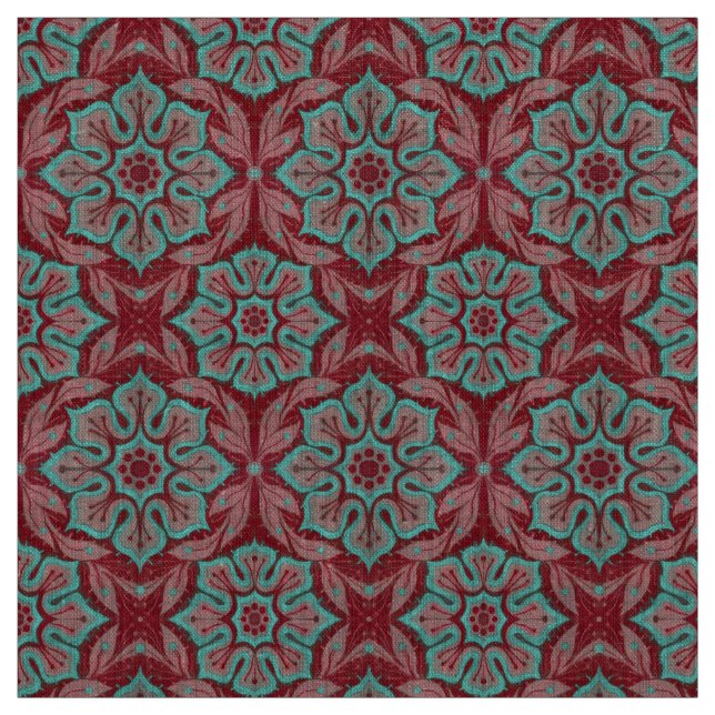 Tecido "Flor vermelho e turquesa" arabesco floral (Modelo)