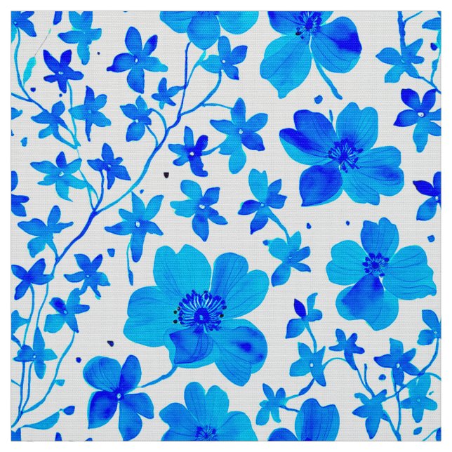 Tecido Floral Botânico em Azul Profundo e Branco (Modelo)