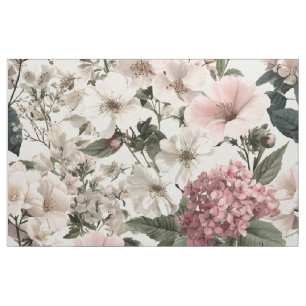 Tecido Floral Botânico Vintage Rosa Branco Rústico Pastel