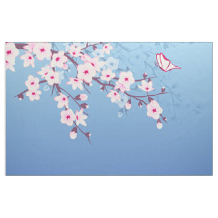 Tecido Floral Cereja Brilhante Azul Rosa